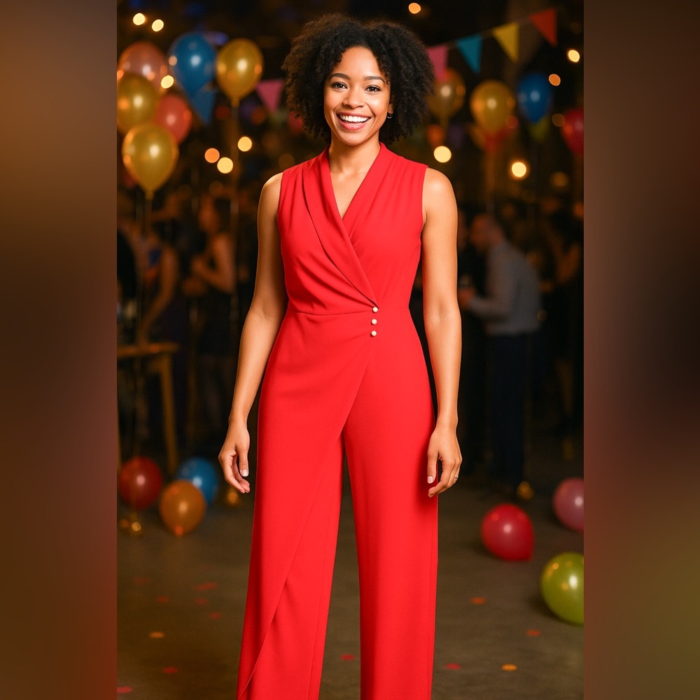 Red Wrap Front Wide Leg Jumpsuit Plus Size 4XL Sleeveless Dressy Evening Party - Picture 4 of 13